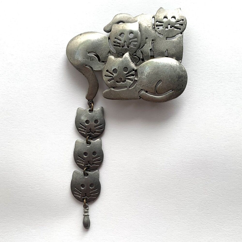 Ultra Craft Cat Brooch Pin Pewter Large Big Dangling Kitten Cats Faces Vintage